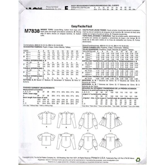 McCall's M7838 Misses 14 to 22 Button Front Tops UNCUT Sewing Pattern - Picture 2 of 2